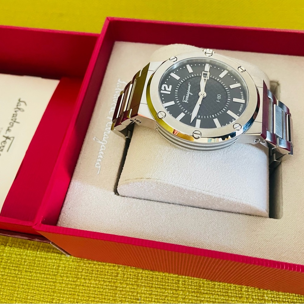 Salvatore Ferragamo Silver Men's Steel Bracelet Watch with Black Dial
